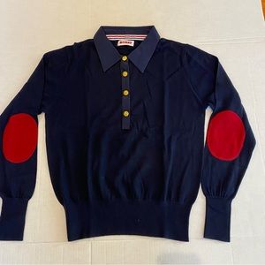 Boast navy blue long sleeve 3 button sweater red elbow patches cotton collar M